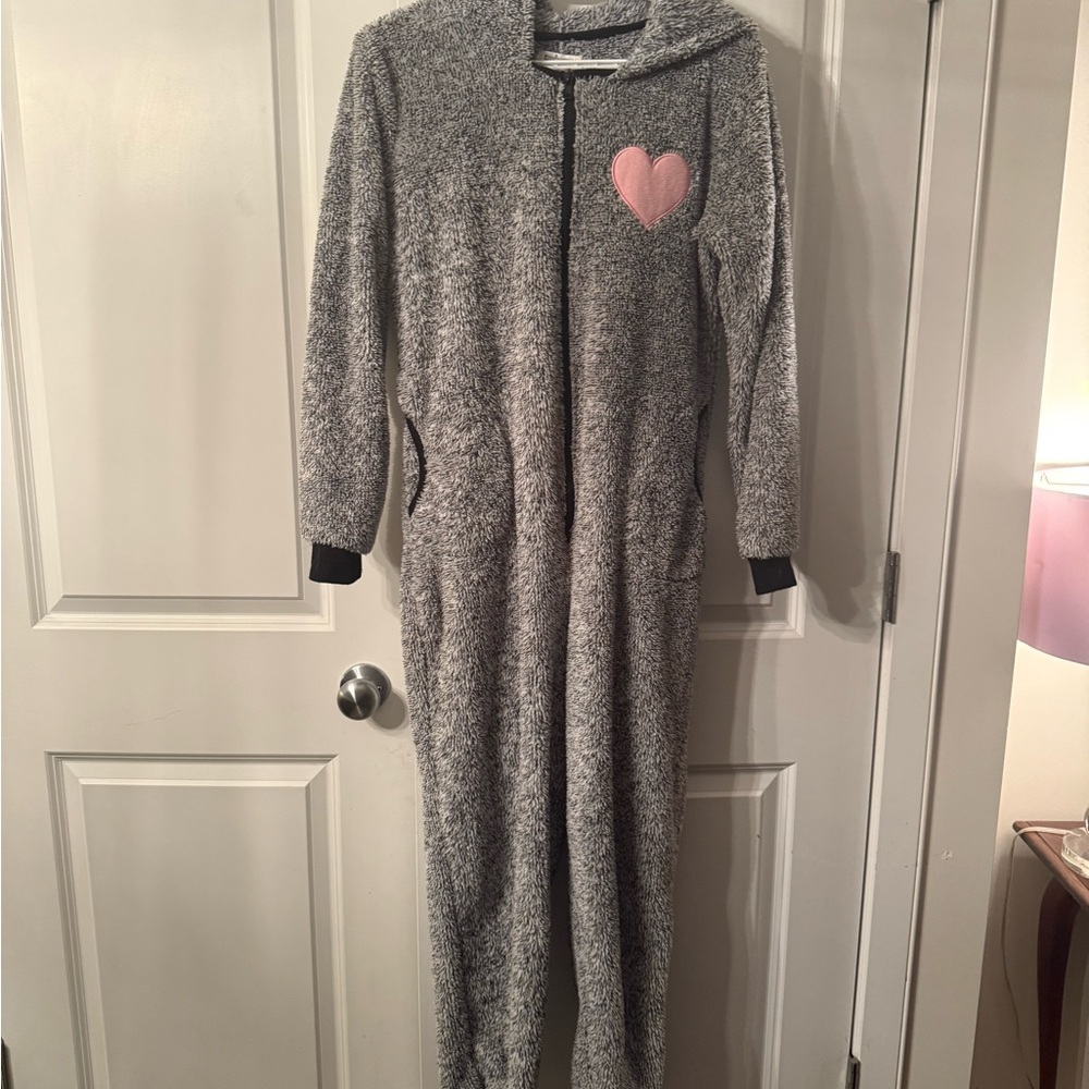 Raccoon onesie pjs with pink heart